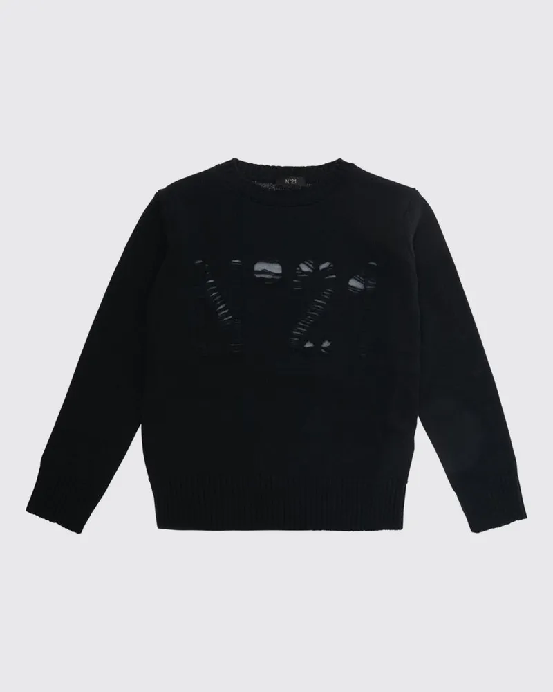 N° 21 Rundhalspullover für Jungen aus Wollmischung mit durchbrochenem Logo Schwarz