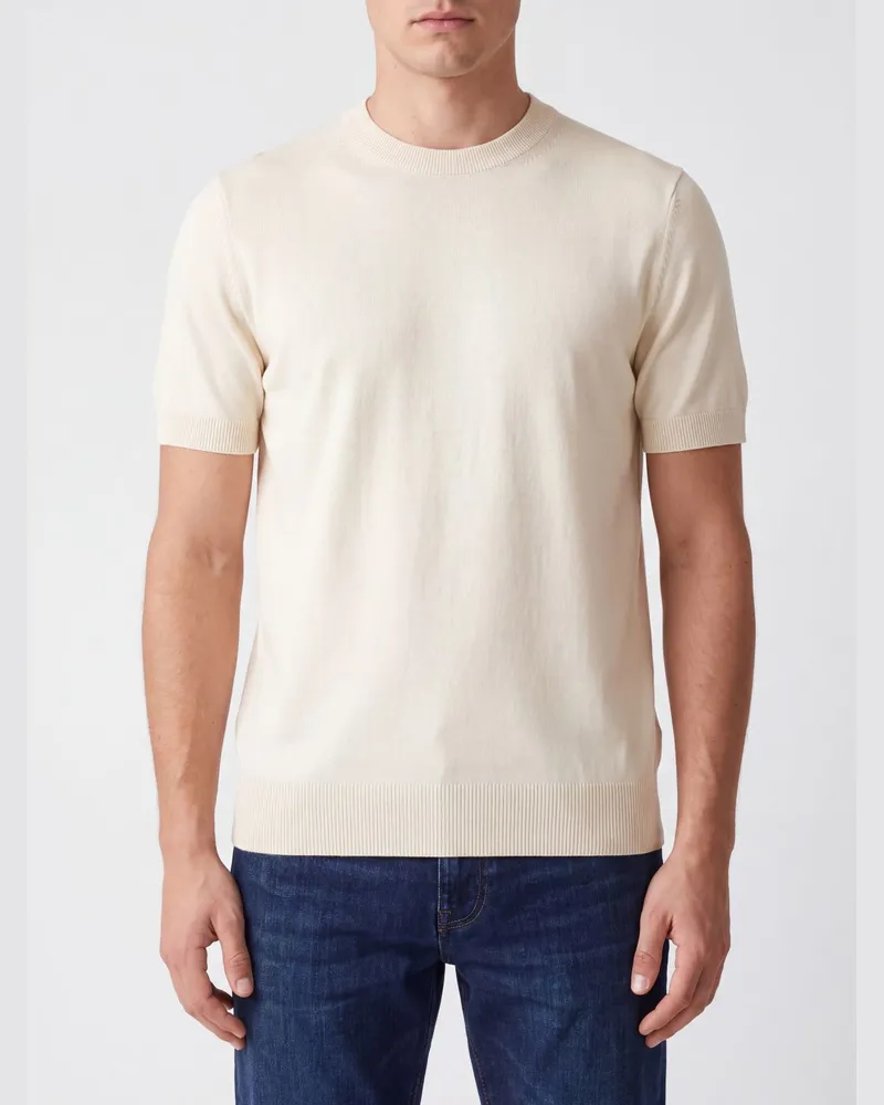 HUGO BOSS Kurzärmeliger Pullover mit Rundhalsausschnitt aus reiner Schurwolle Weiß
