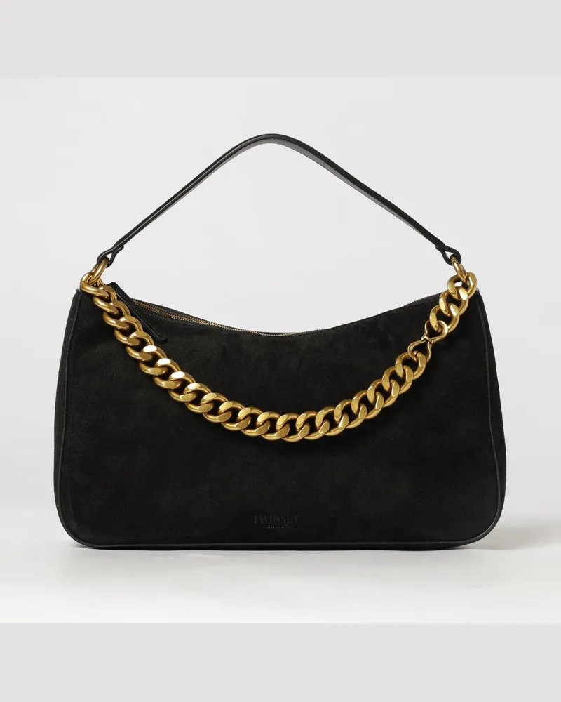 Twin-Set Liliane Schultertasche aus Wildleder mit Details aus Metallgewebe Schwarz