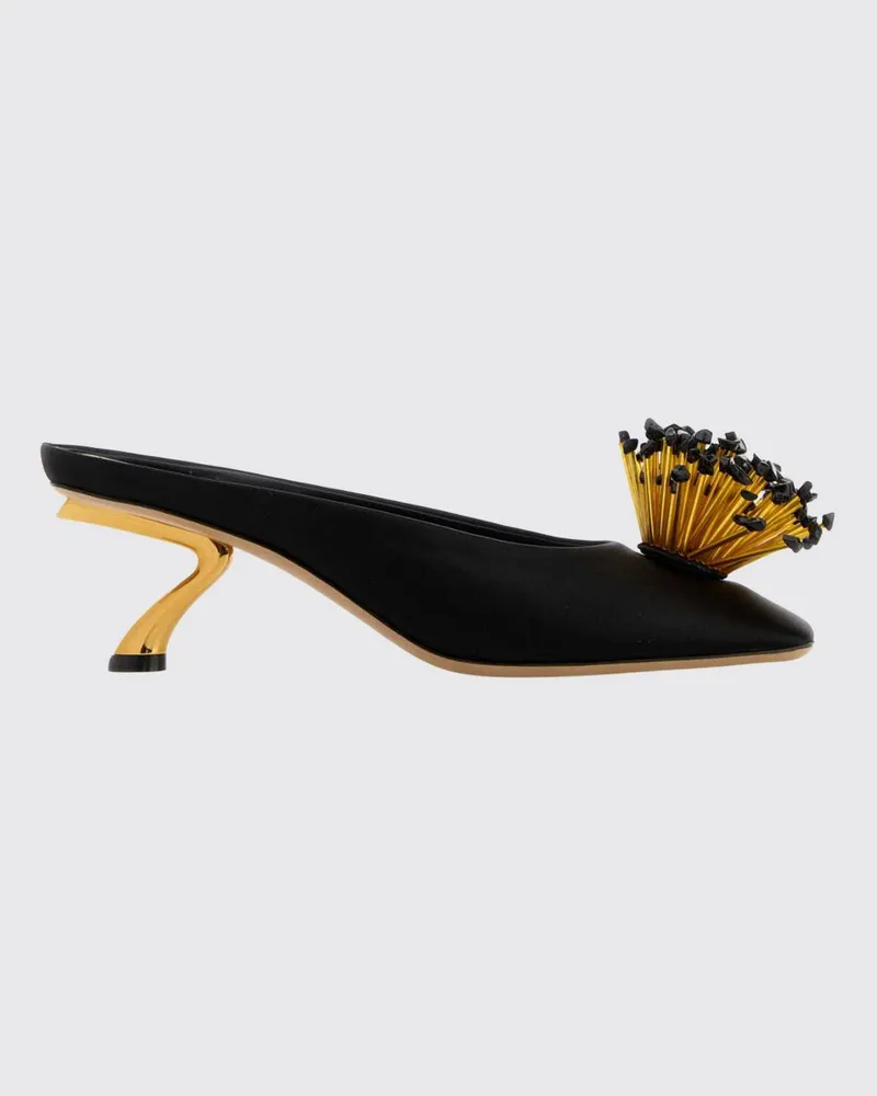Ferragamo Mules aus Satin mit Perlenstickerei und skulpturalem Absatz Schwarz