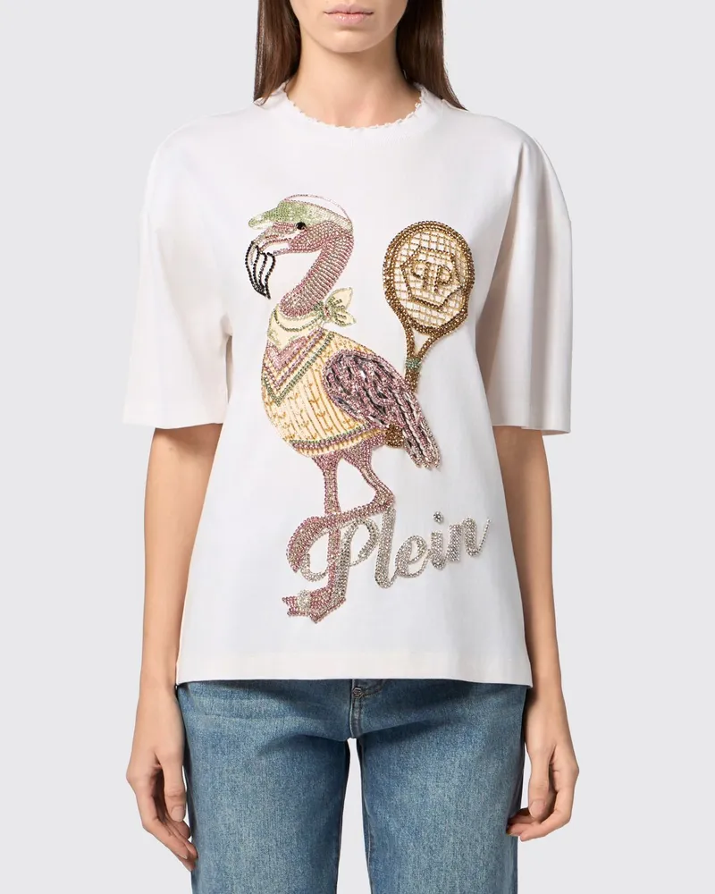 Philipp Plein Baumwoll-T-Shirt mit Grafikprint, Strass und überschnittenen Schultern Weiß