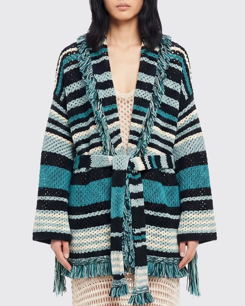 Alanui Gestreifter Cardigan aus Baumwollmischung mit Fransen und Bindegürtel Bunt