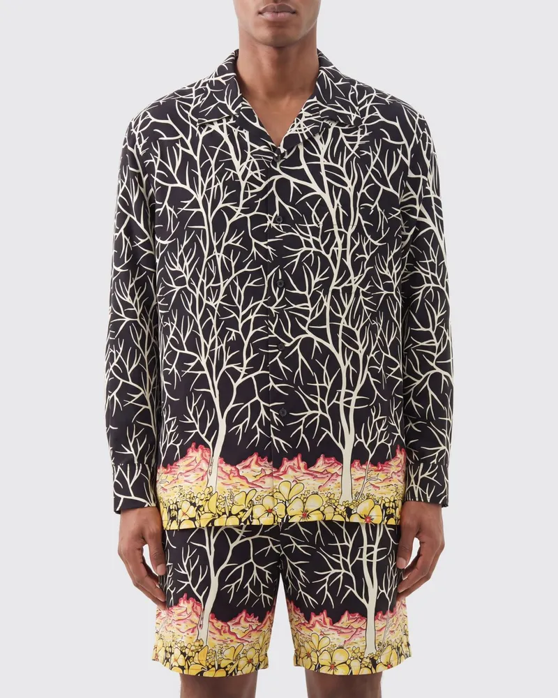Yohji Yamamoto Hemd in Relaxed-Fit aus Rayon mit abstraktem Print und kubanischem Kragen Schwarz