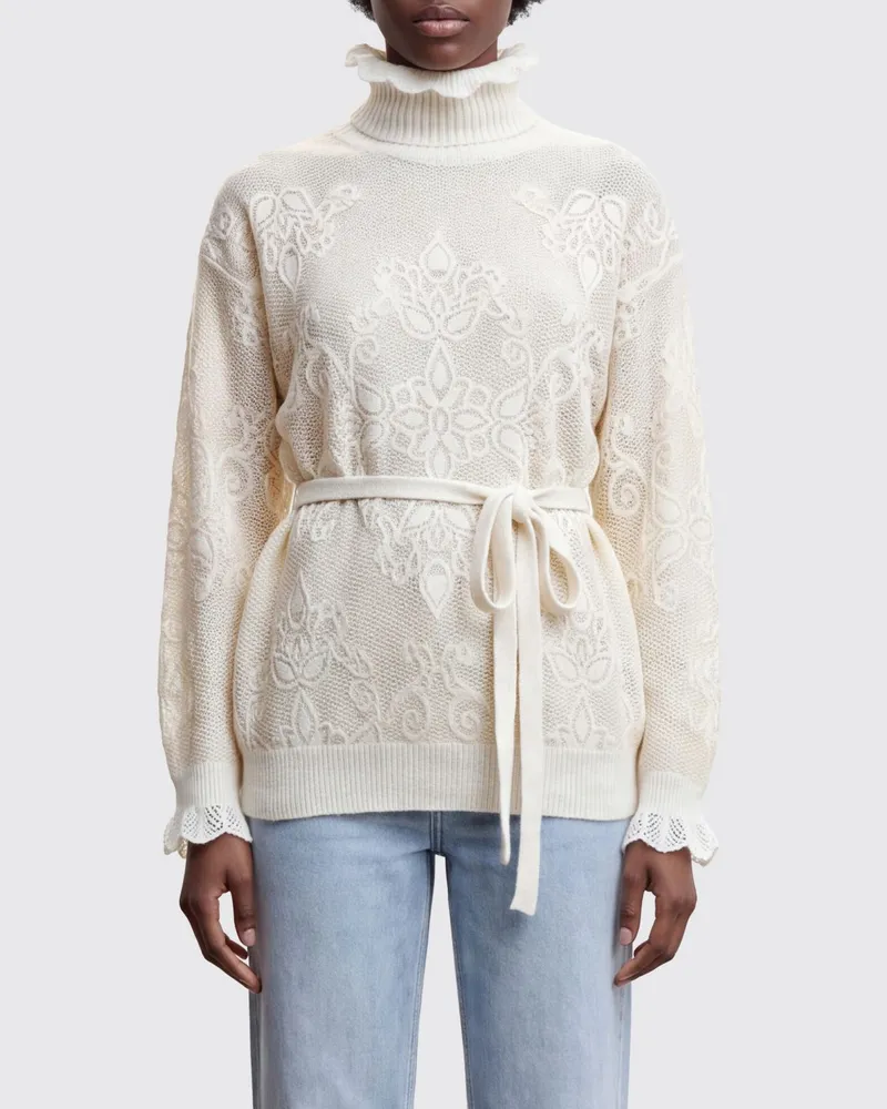Twin-Set Rollkragenpullover aus Alpakawoll-Mischung mit Stickerei und Schleifenverschluss Weiß