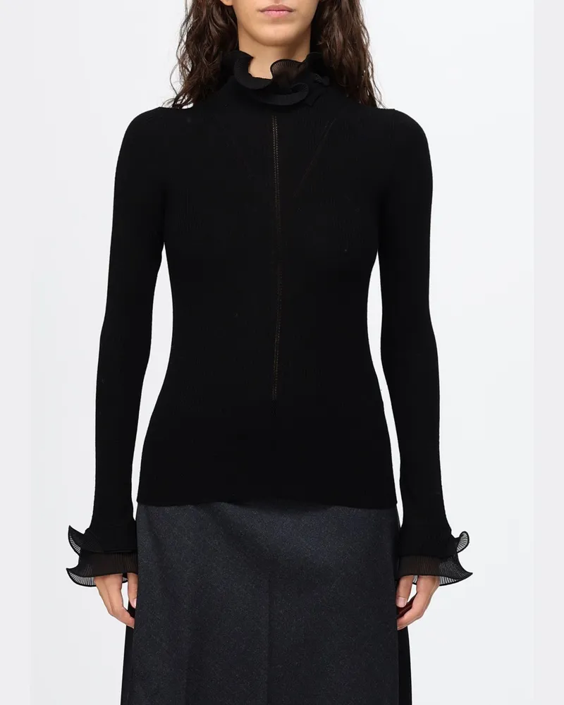 Liu Jo Slim Fit Wollpullover mit Stehkragen, Rüschen und ausgestellten Bündchen Schwarz