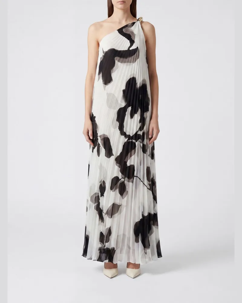 Max Mara Langes One-Shoulder-Abendkleid von aus Chiffon mit Blumendruck Weiß
