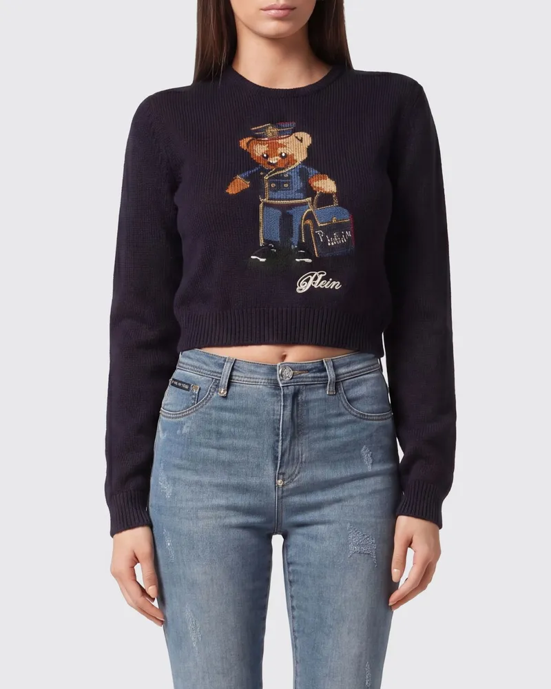 Philipp Plein Slim-Fit Baumwollpullover mit Rundhalsausschnitt und Jacquard-Teddybär-Print Blau