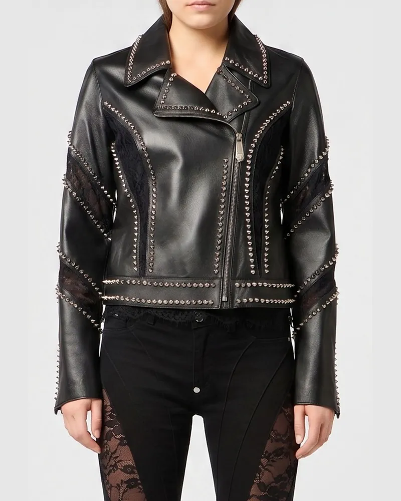 Philipp Plein Kurze Bikerjacke aus Lammleder mit Nieten Schwarz
