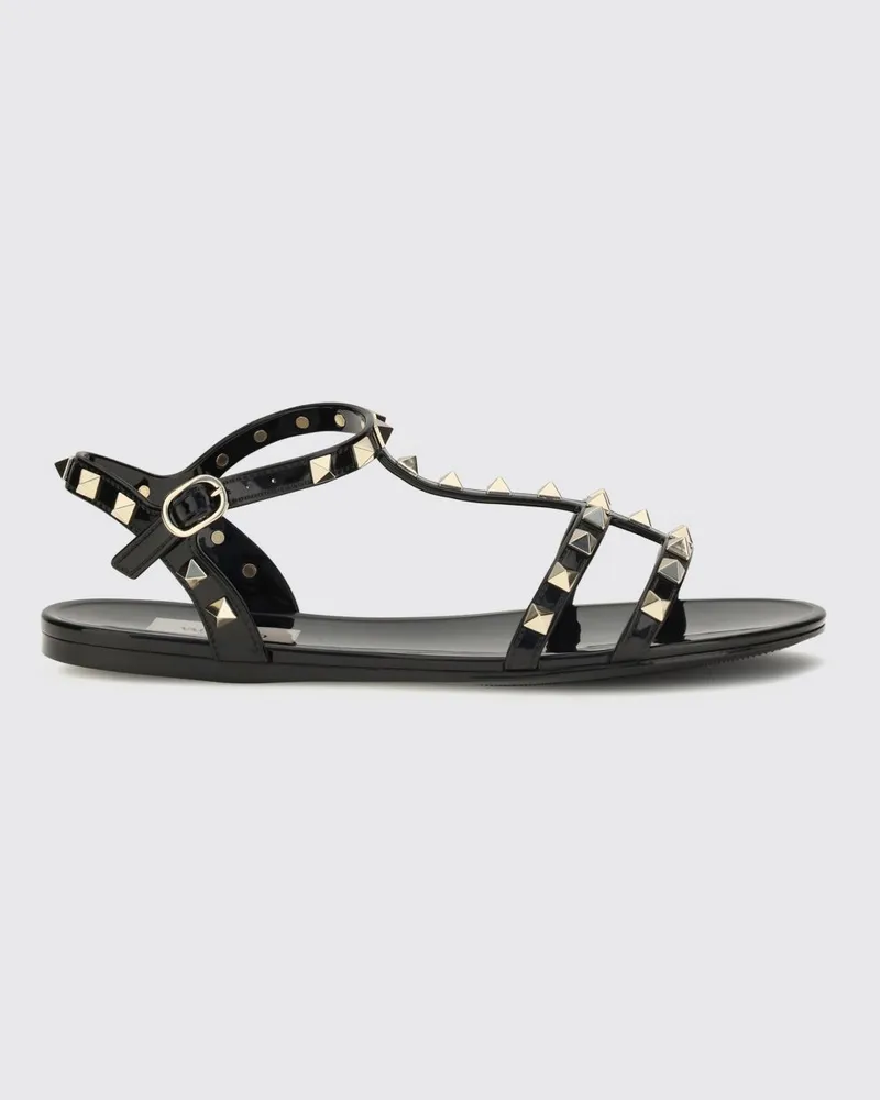 Valentino Garavani Rockstud flache T-Riemen-Sandalen aus Gummi Schwarz