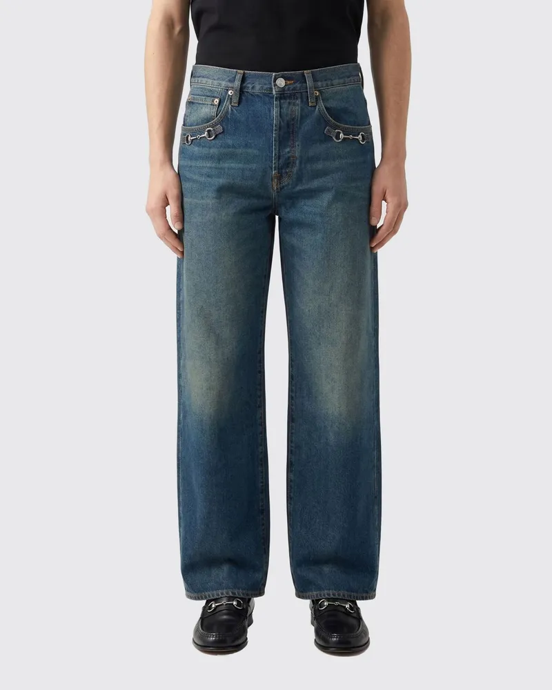 Gucci Weite Jeans aus Baumwolldenim mit Horsebit Blau