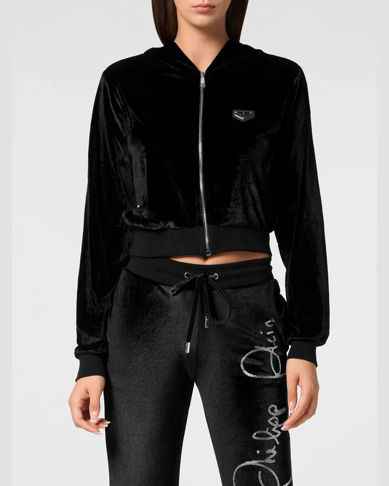 Philipp Plein Kurzer Samt-Hoodie mit Reißverschluss mit Strass-Logo Schwarz