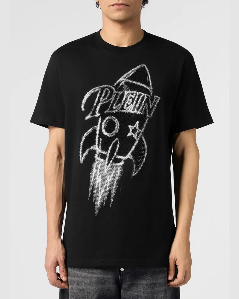 Philipp Plein Besticktes Baumwoll-T-Shirt von mit Grafikdruck und Strass Schwarz