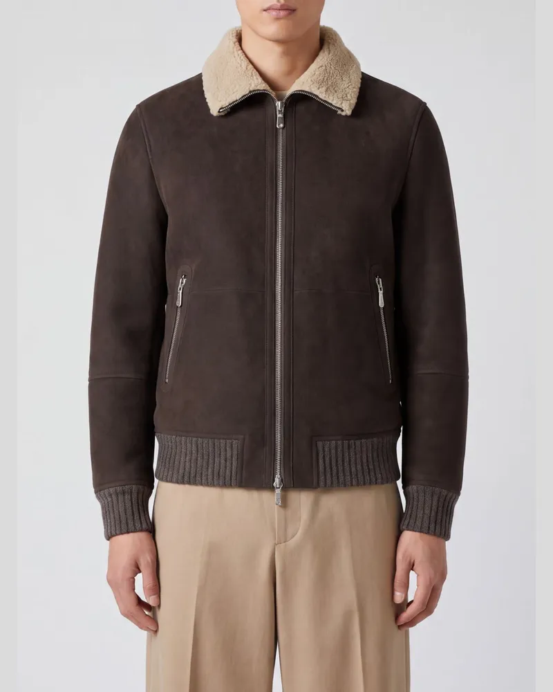 Brunello Cucinelli Bomberjacke aus Velours-Kalbsleder mit Shearling-Details Grau