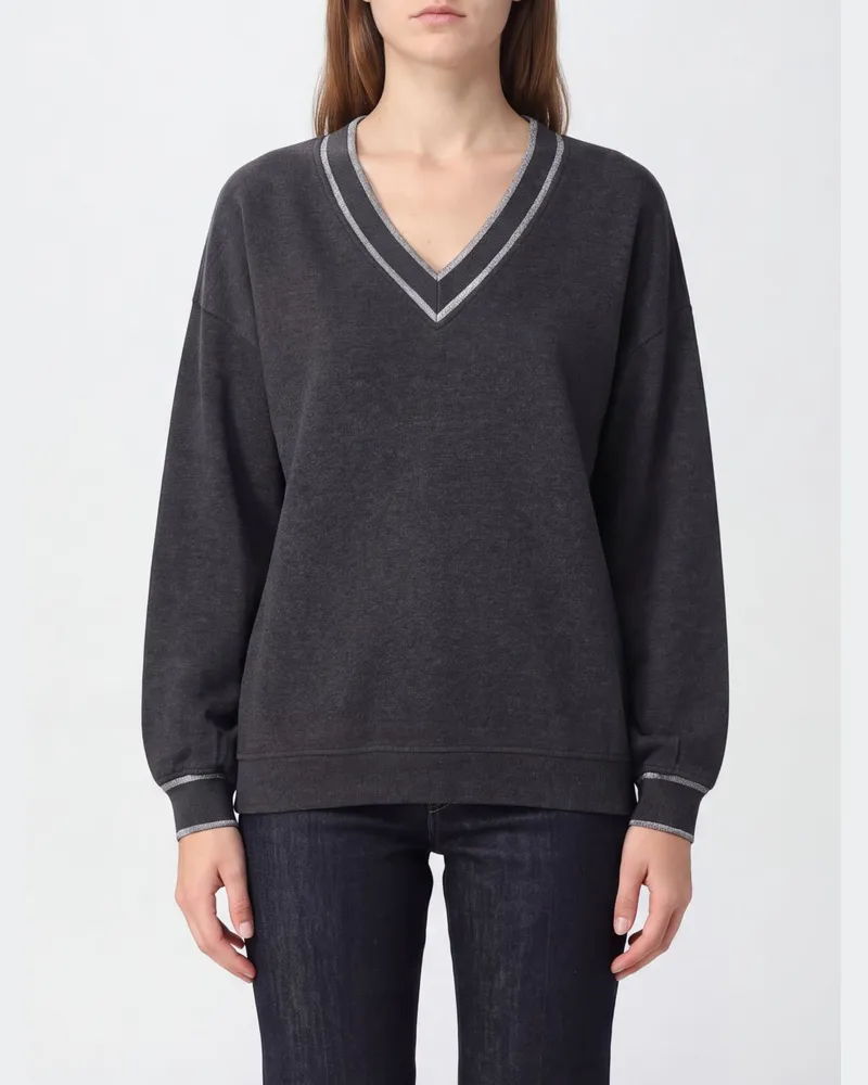 Brunello Cucinelli Pullover aus Baumwollmischung mit V-Ausschnitt und Monili-Detail Grau