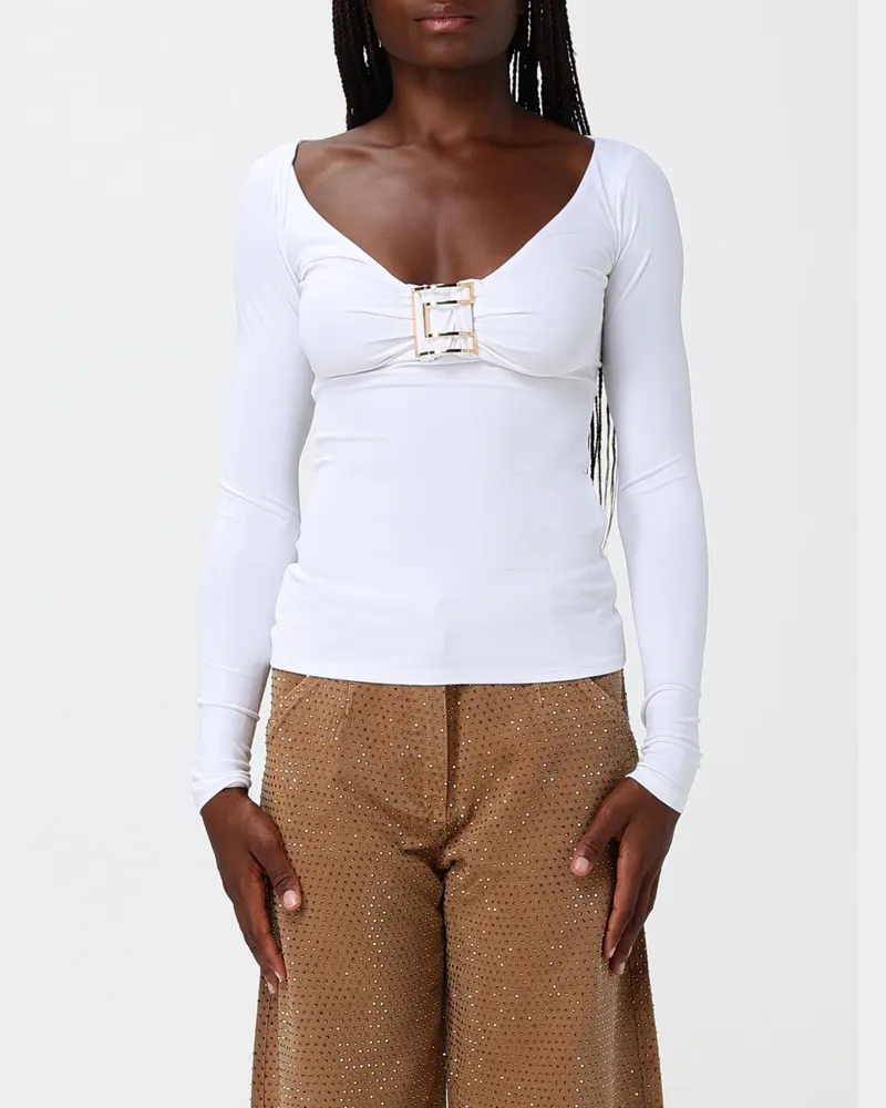 Elisabetta Franchi Langärmeliges Slim-Fit-Top aus Stretch-Viskose mit V-Ausschnitt Ivory