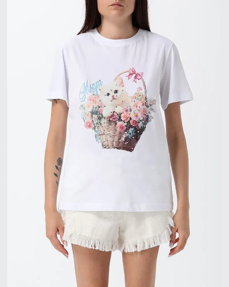 MSGM Kurzärmeliges Baumwoll-T-Shirt von mit Logo und Strass-Applikation Weiß