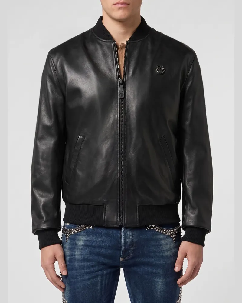 Philipp Plein Bomberjacke aus Glattleder mit gesticktem Hexagon-Logo Schwarz