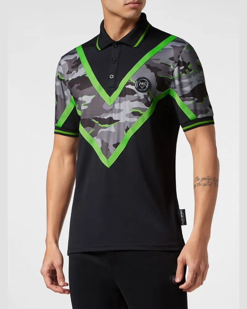Philipp Plein Jersey-Poloshirt mit Camouflage- und Chevron-Muster Schwarz