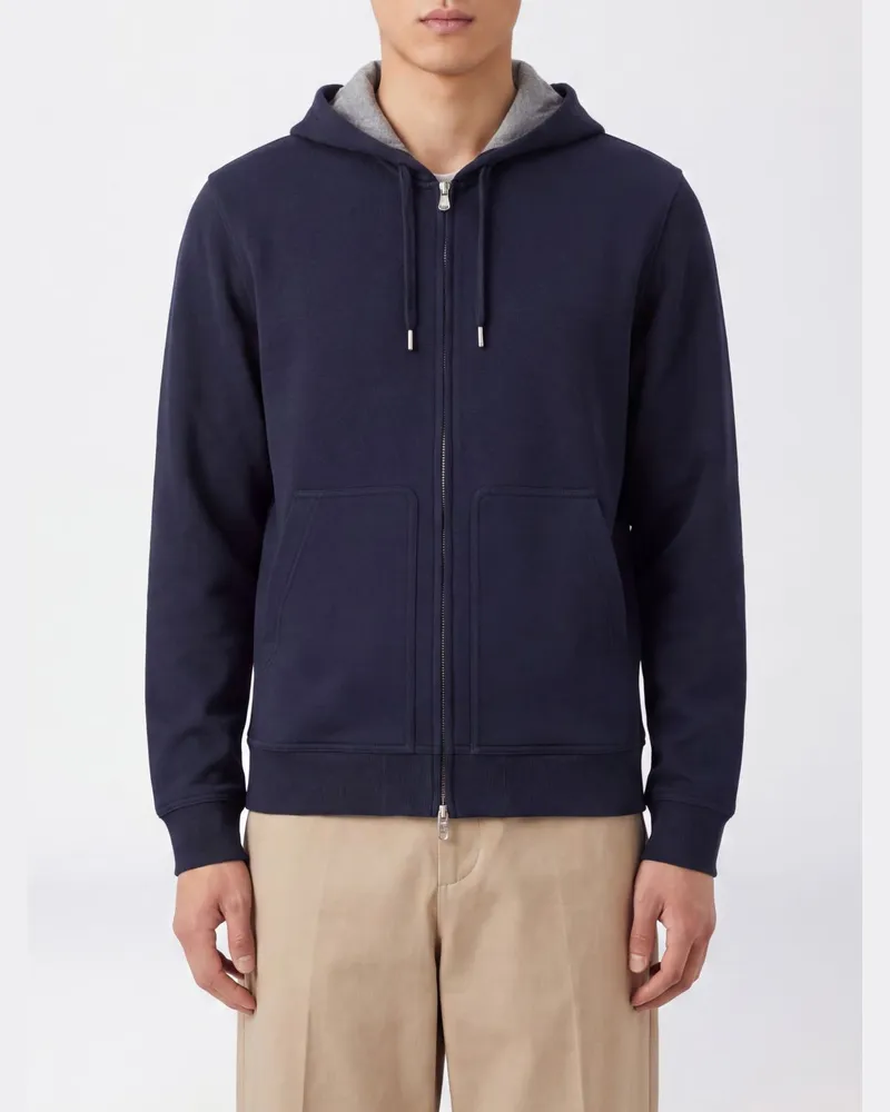 Brunello Cucinelli Baumwoll-Kapuzenjacke mit durchgehendem Reißverschluss und Kordelzug Navy