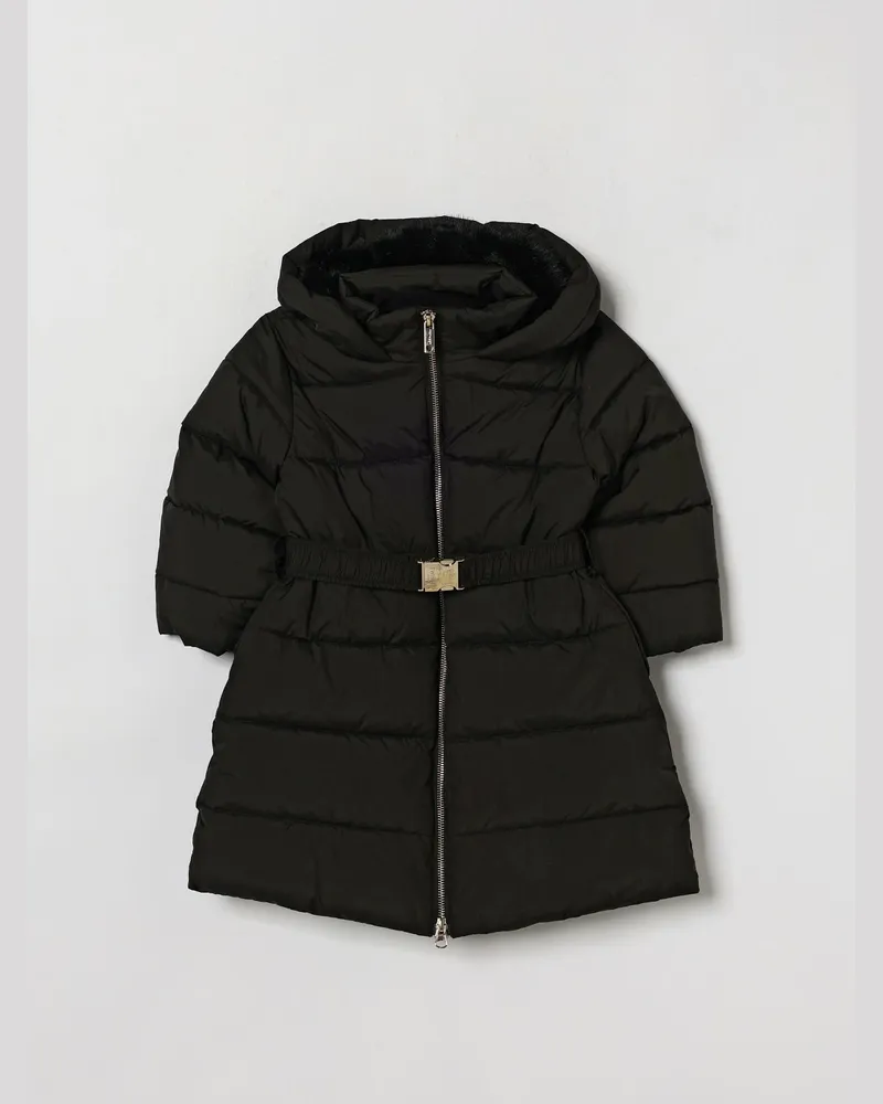 Twin-Set Lange gesteppte Pufferjacke für Mädchen mit Kapuze und Gürtel Schwarz