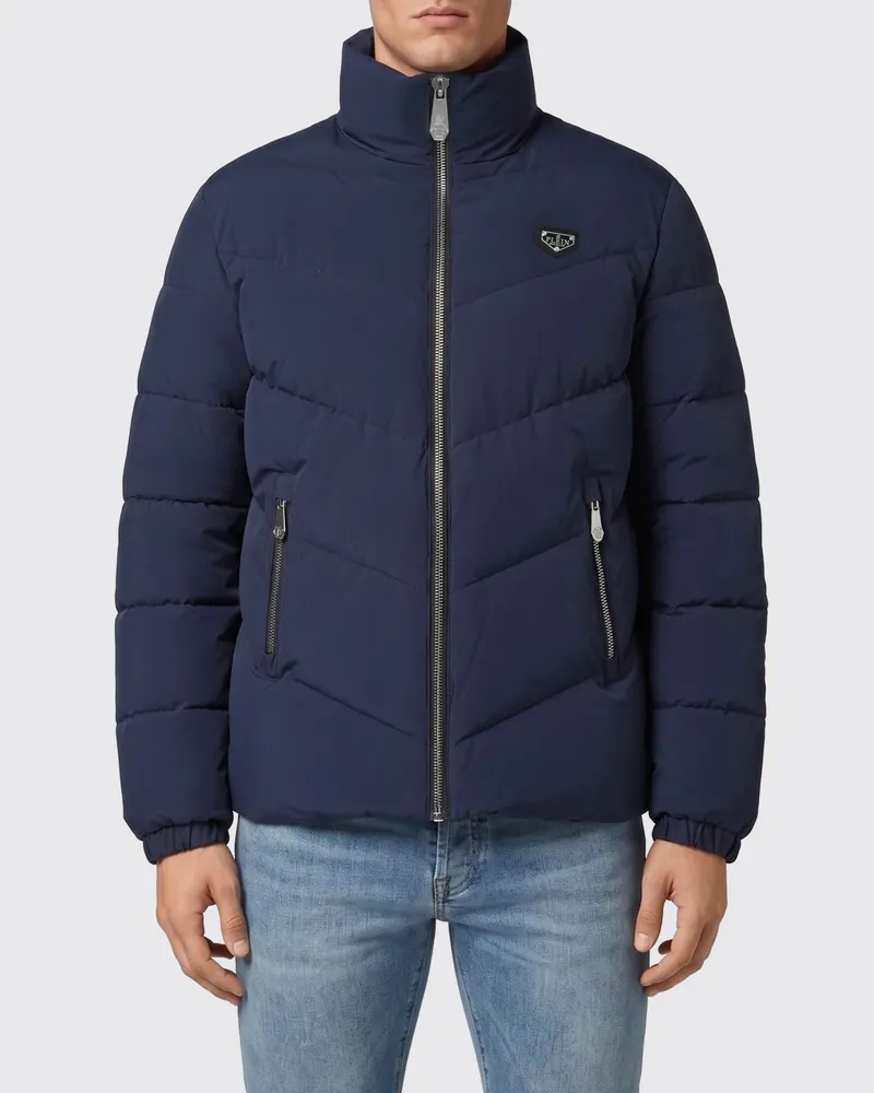 Philipp Plein Kurze Daunenjacke aus gestepptem Nylon mit Reißverschluss und Logo Blau