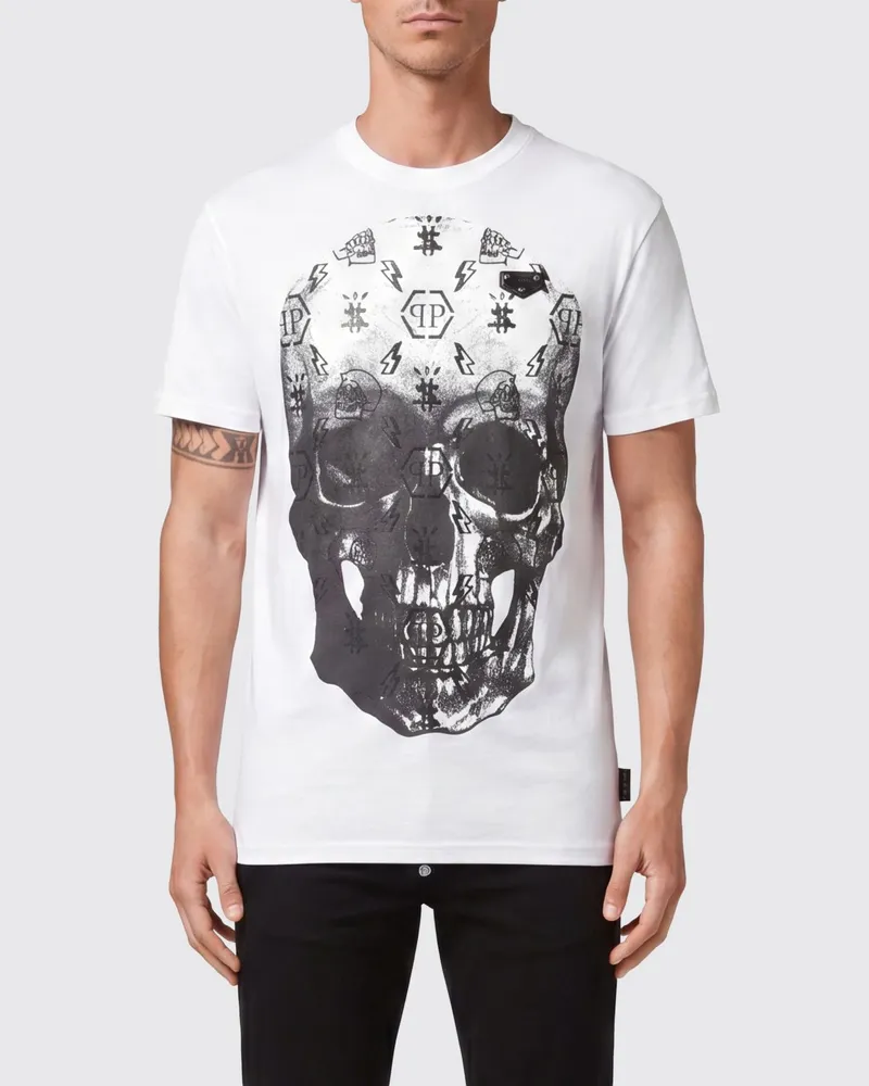 Philipp Plein Baumwoll-T-Shirt mit kontrastierendem Totenkopf- und Logoprint hinten Weiss