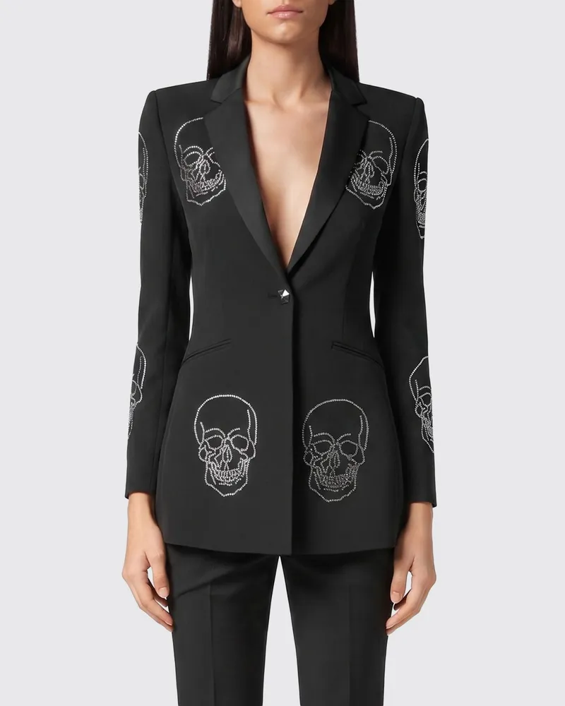 Philipp Plein Slim-Fit Einreiher-Blazer aus Crêpe mit Skull-Print und Strasssteinen Schwarz