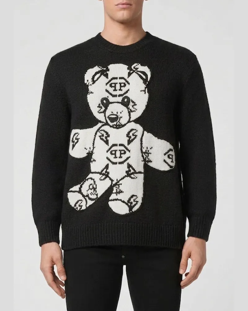 Philipp Plein Rundhalspullover aus Wollmischung mit Teddybär-Print und Jacquard-Logo Schwarz