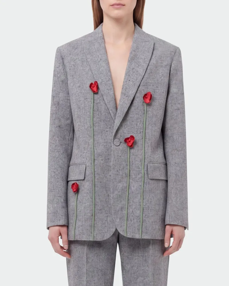 Moschino Einreihiger Cropped-Blazer aus Wolle und Seide mit Blumenapplikation Bunt