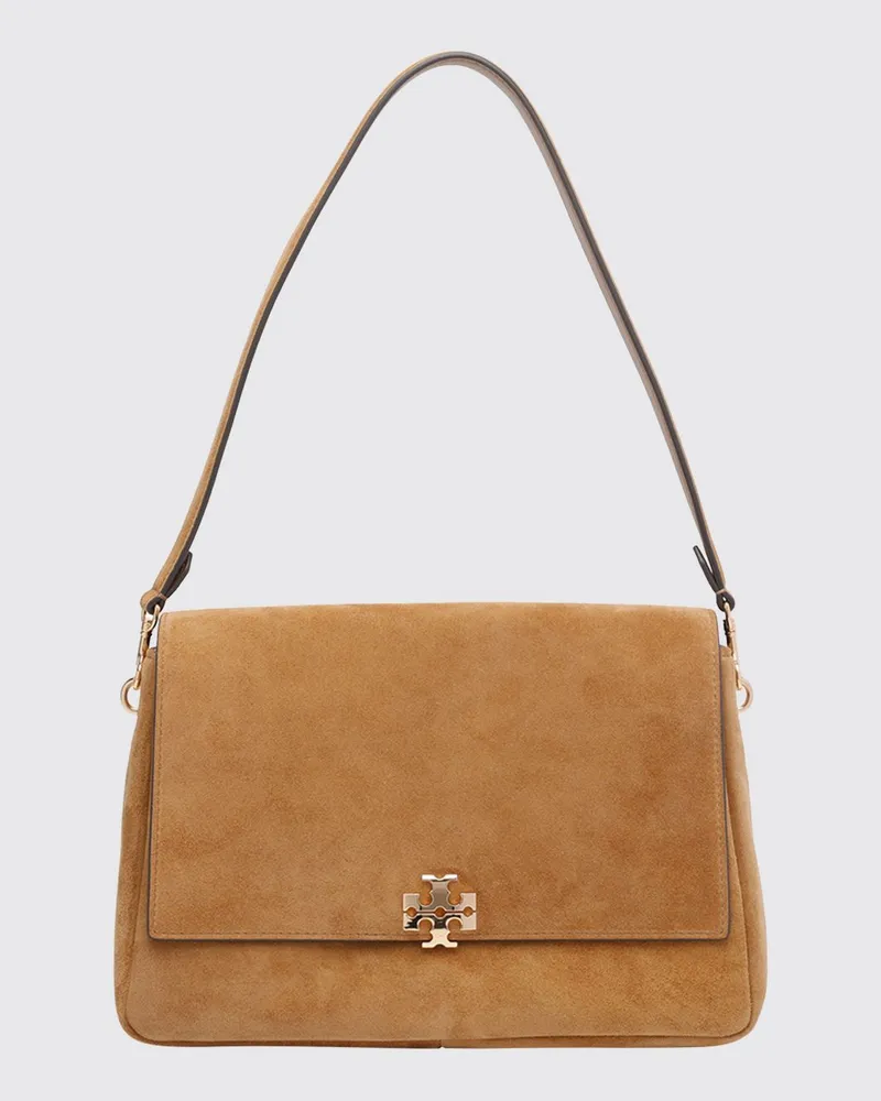 Tory Burch Charlie Schultertasche aus Veloursleder mit Double T-Logo Braun