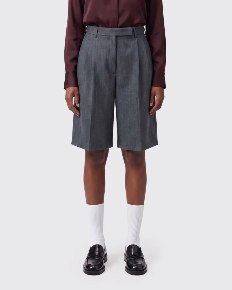 Jil Sander Gestreifte, maßgeschneiderte Bermuda-Shorts mit weitem Bein aus Leinen und Baumwolle Grau