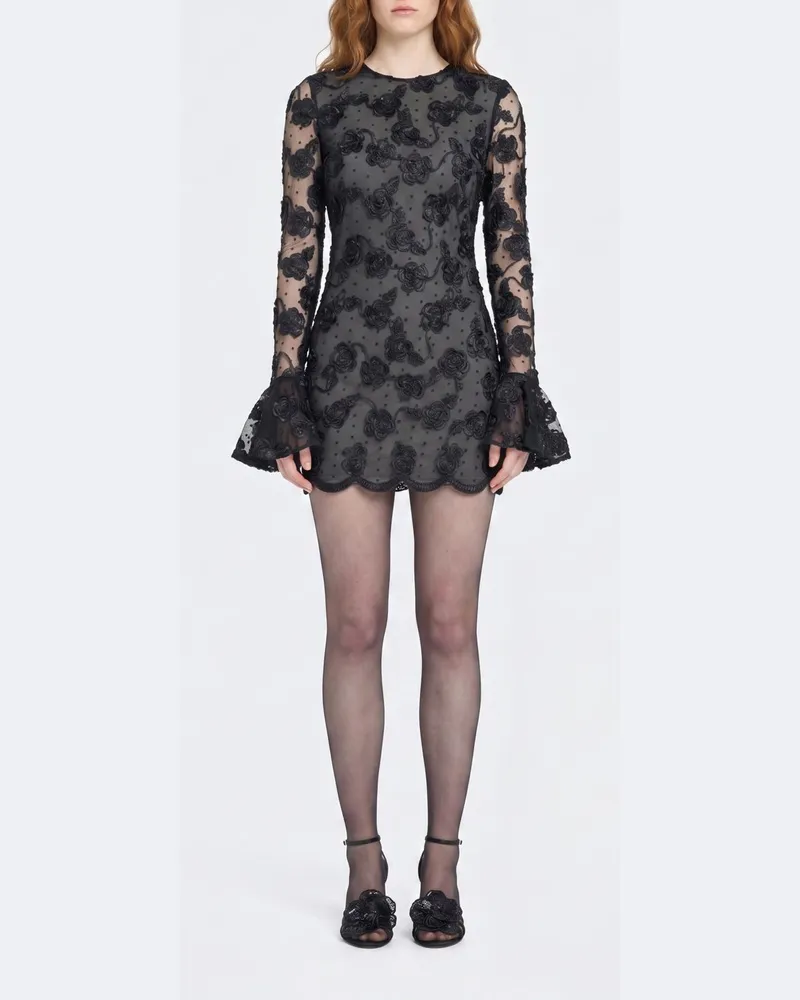 ROTATE Birger Christensen Mini-Etuikleid von aus Jersey mit Blumenprint und langen Ärmeln Schwarz
