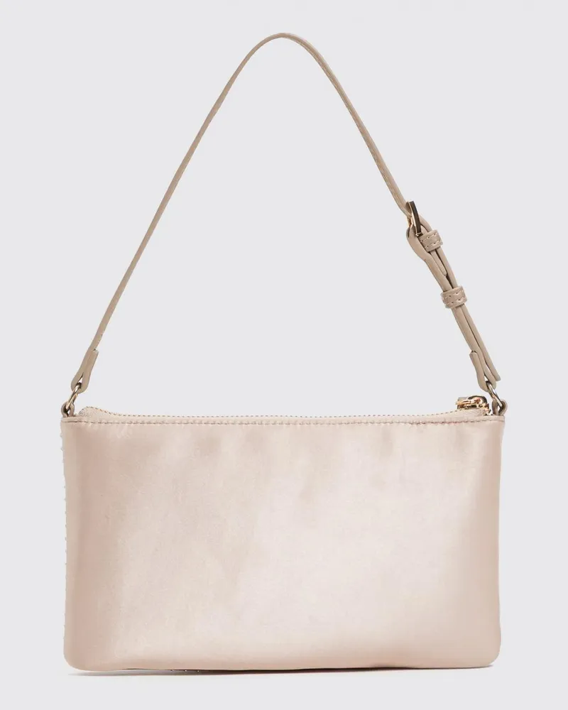 Twin-Set Mini-Schultertasche aus Satin mit Kristallstickerei Beige