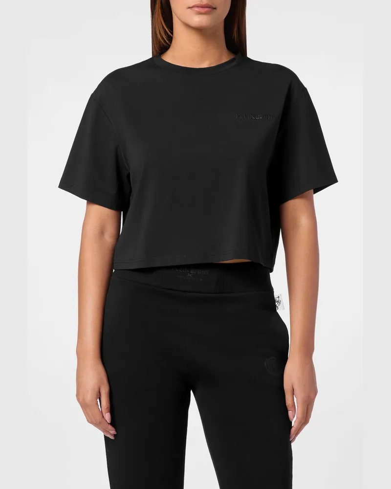 Philipp Plein Rundhals-T-Shirt aus Baumwolljersey mit überschnittenen Schultern Schwarz