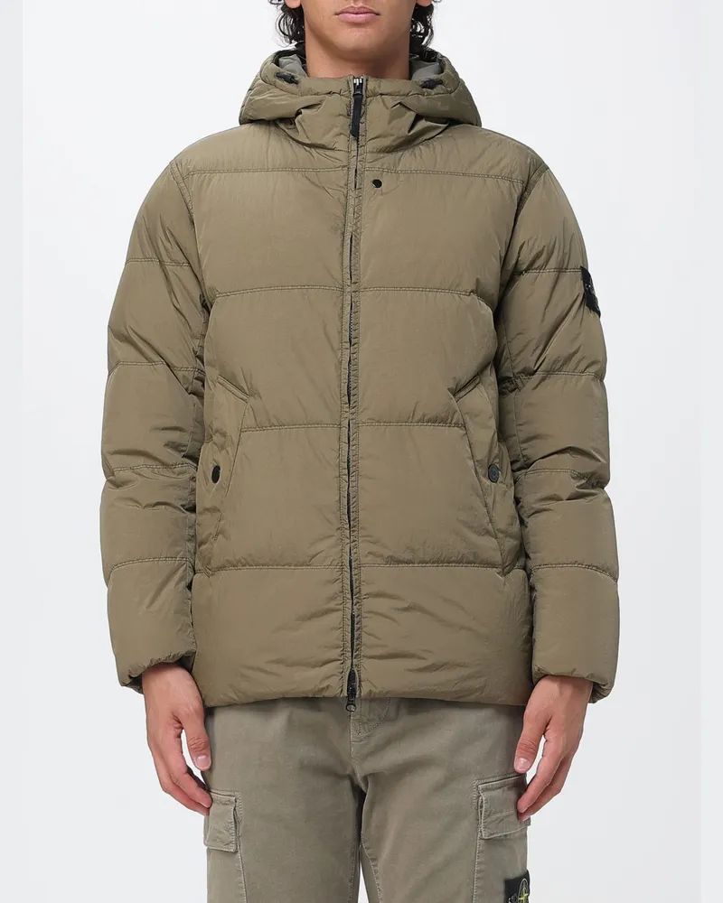 Stone Island wasserdichte Nylon-Daunenjacke mit Kapuze und Compass-Logo Grün