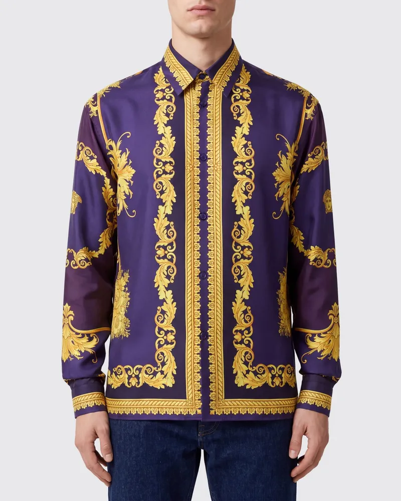 Versace Hemd aus reiner Seide mit Barocco-Print und verdeckter Knopfleiste Bunt
