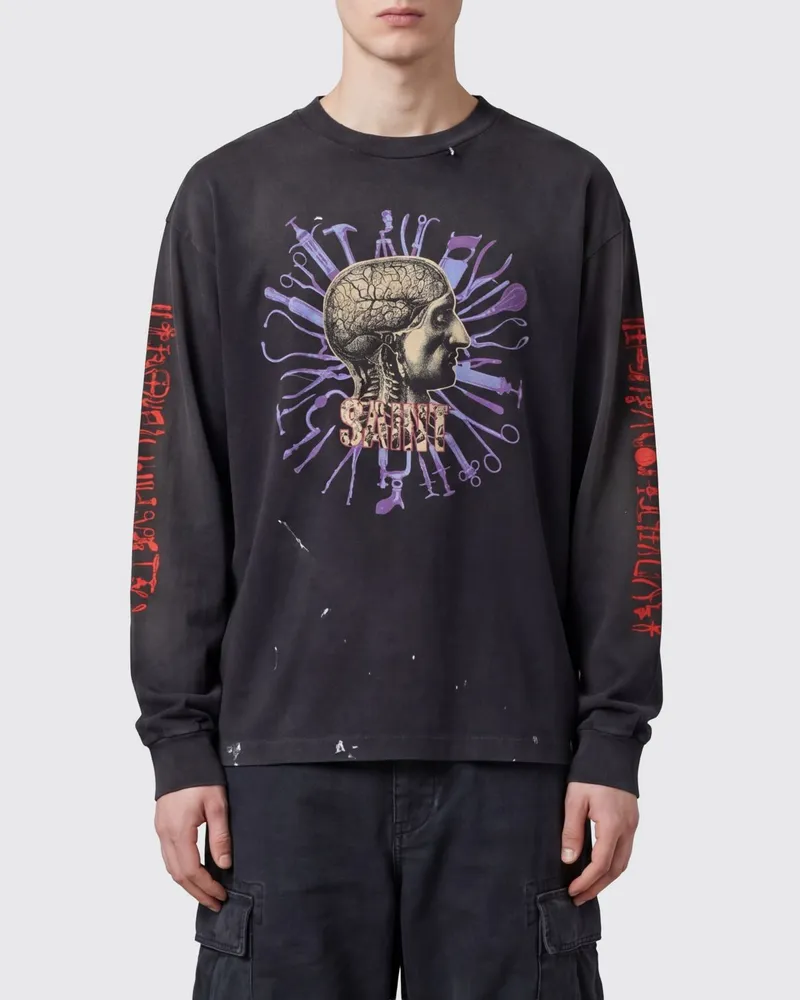 SAINT MXXXXXX Langärmeliges Baumwoll-T-Shirt mit Grafikdruck und Relaxed Fit Grau