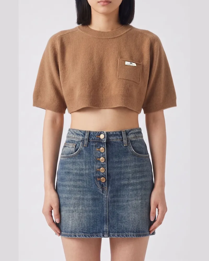 Elisabetta Franchi Cropped-Pullover von aus Wolle und Kaschmir mit Kontrastlogo Braun