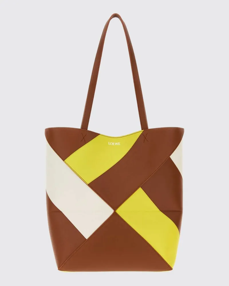 Loewe Große zweifarbige Puzzle Fold Tote Bag aus Kalbsleder Braun