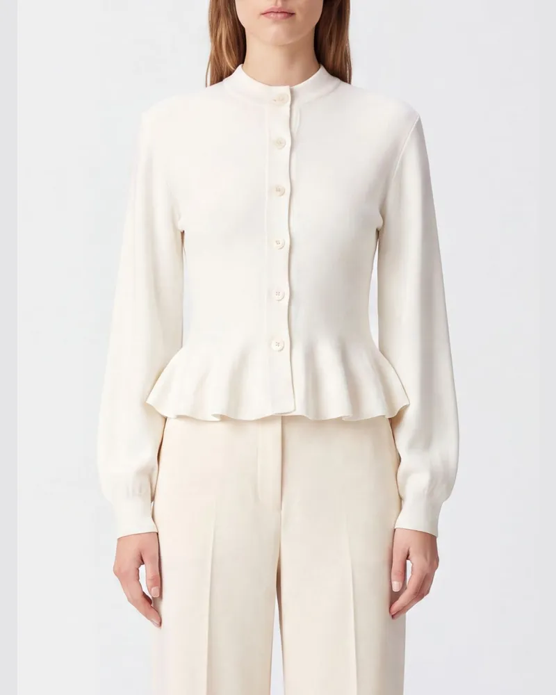 ROTATE Birger Christensen schmal geschnittener Cardigan aus Woll-Kaschmir-Mischung mit Rüschensaum Weiß