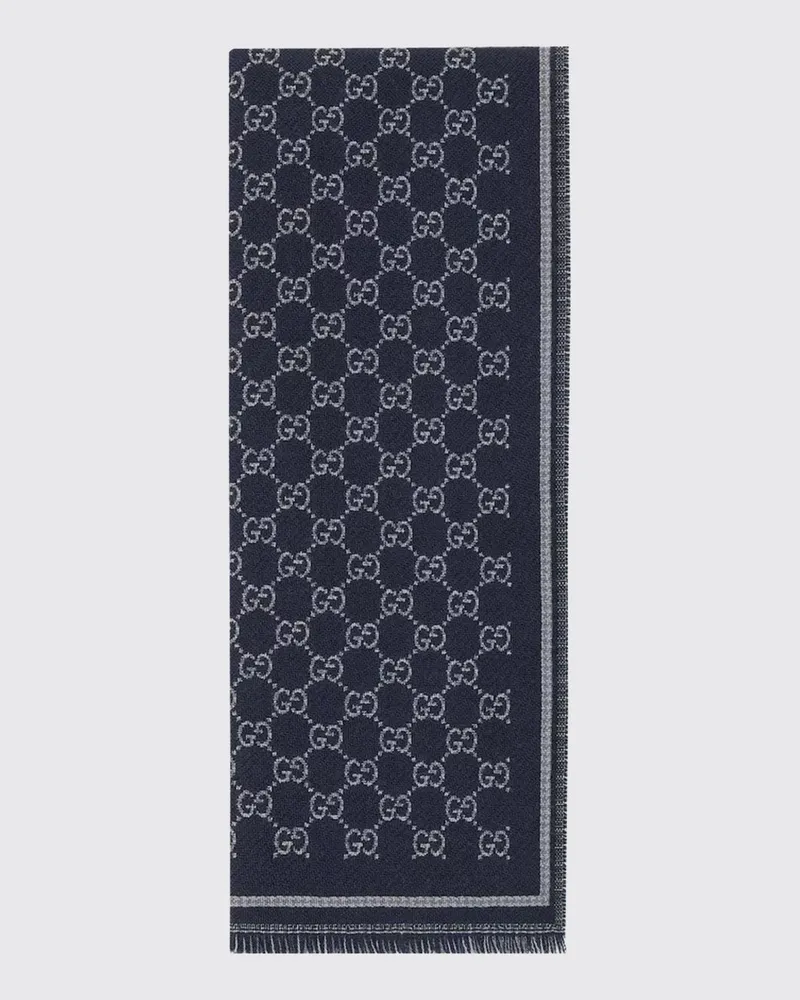 Gucci Wollschal mit durchgehendem GG-Muster und Fransenkanten Blau