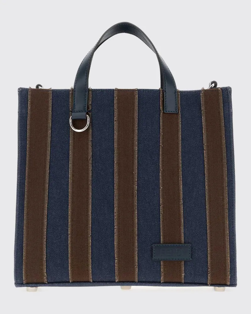 Fendi Gestreifte Denim-Tote-Tasche mit doppeltem Henkel und abnehmbarem Schultergurt Blau