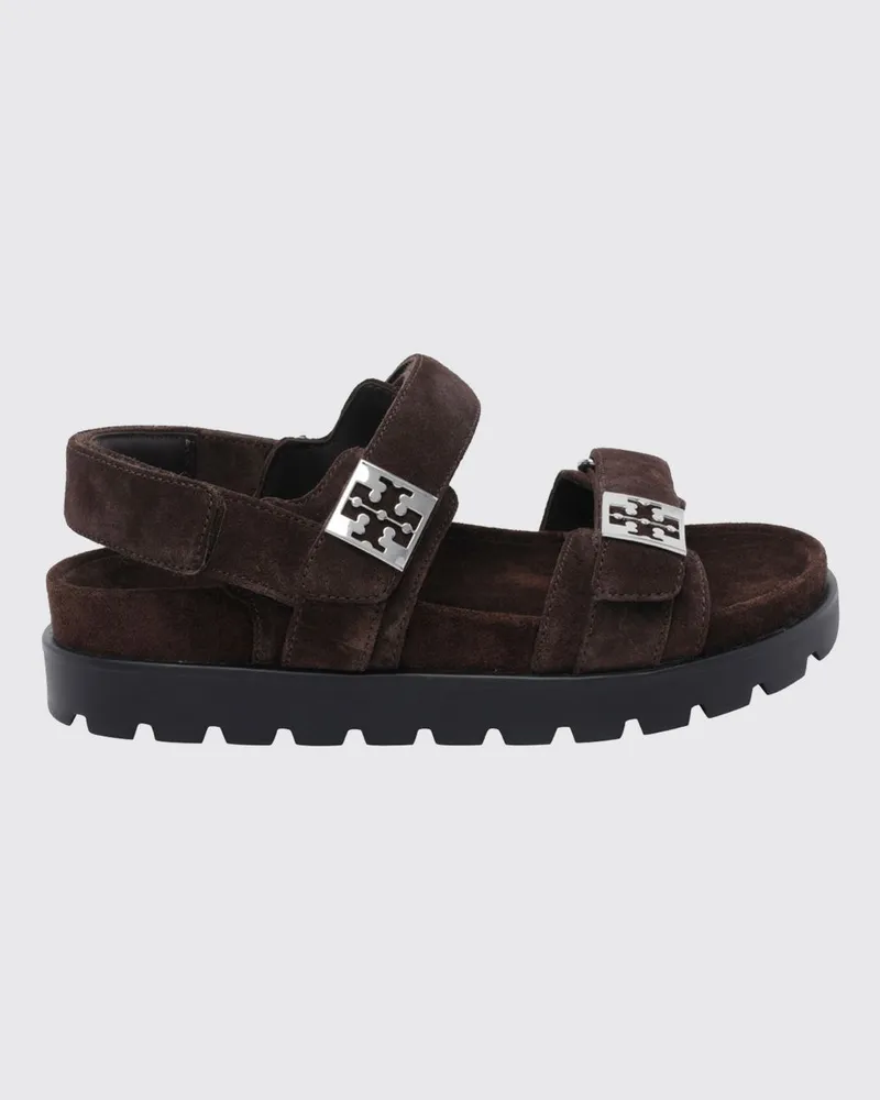 Tory Burch Mellow Plateau-Sandalen aus Veloursleder mit Double T-Logo Braun