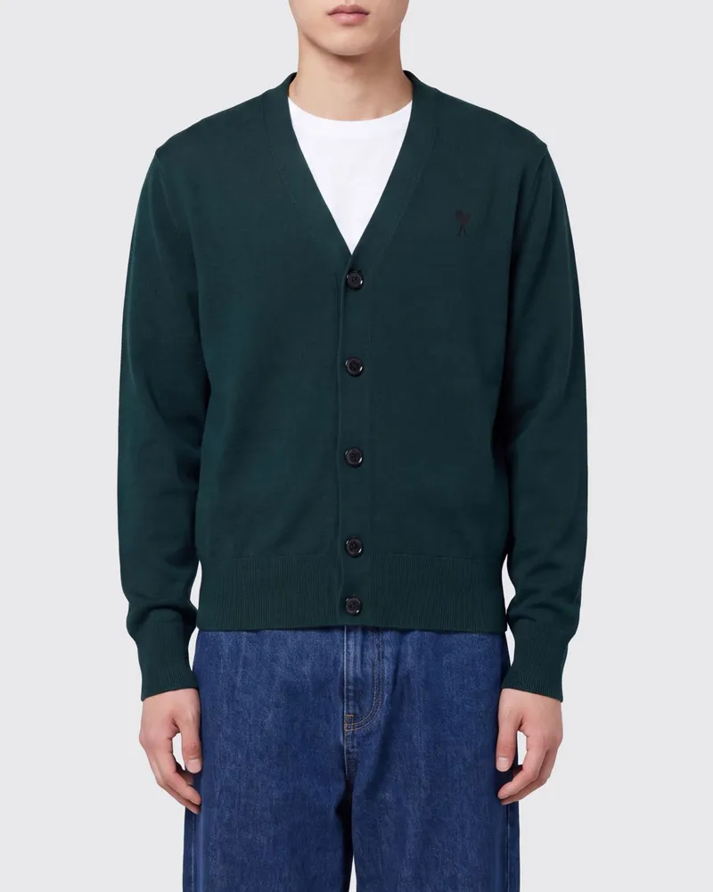 AMI Paris Woll-Cardigan mit V-Ausschnitt und kontrastierender Logo-Stickerei Grün