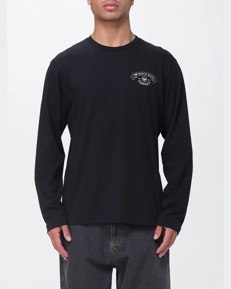 Emporio Armani Langärmeliges Baumwoll-T-Shirt mit Kontrast-Logo Schwarz