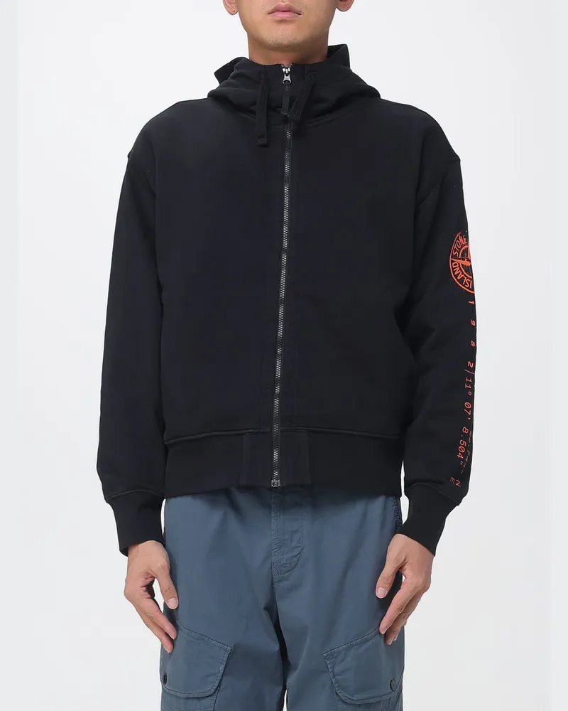 Stone Island Kapuzenjacke aus Bio-Baumwolle mit kontrastierendem Logo Schwarz