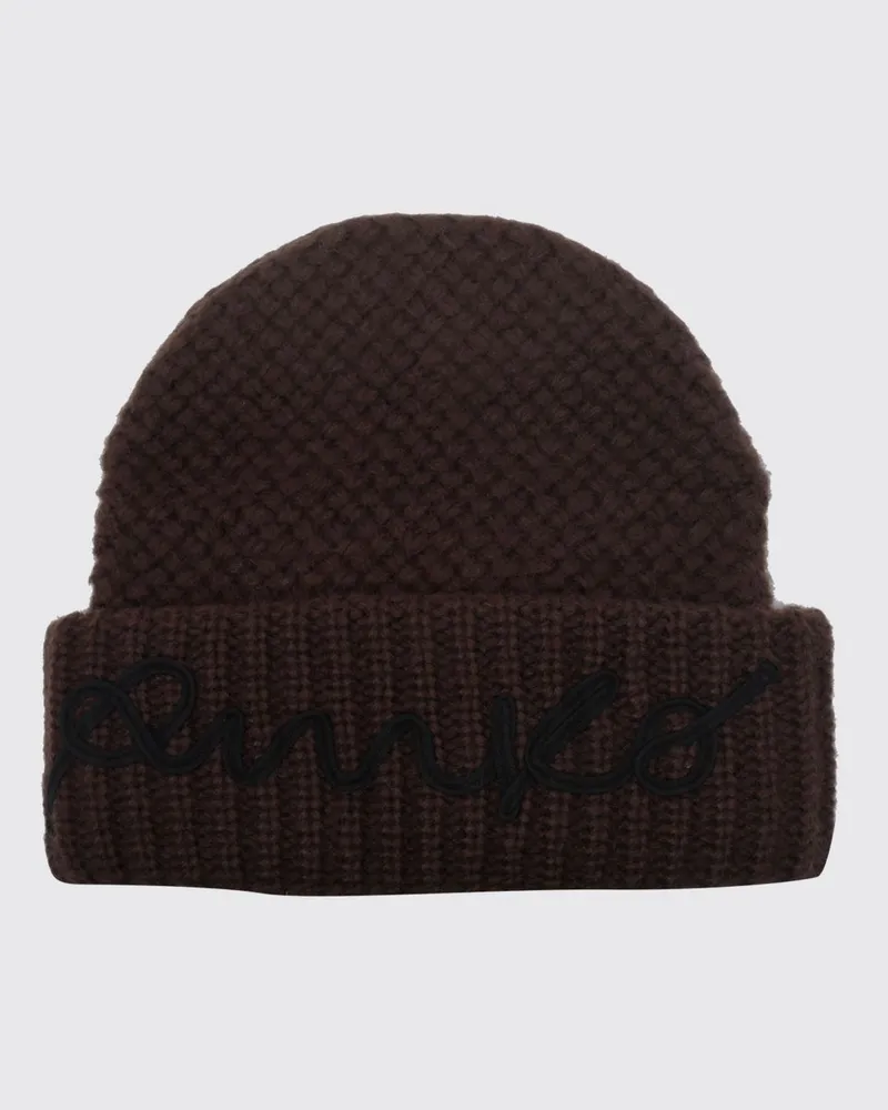 Pinko Rippstrick-Beanie mit Umschlag und gesticktem Logo Braun
