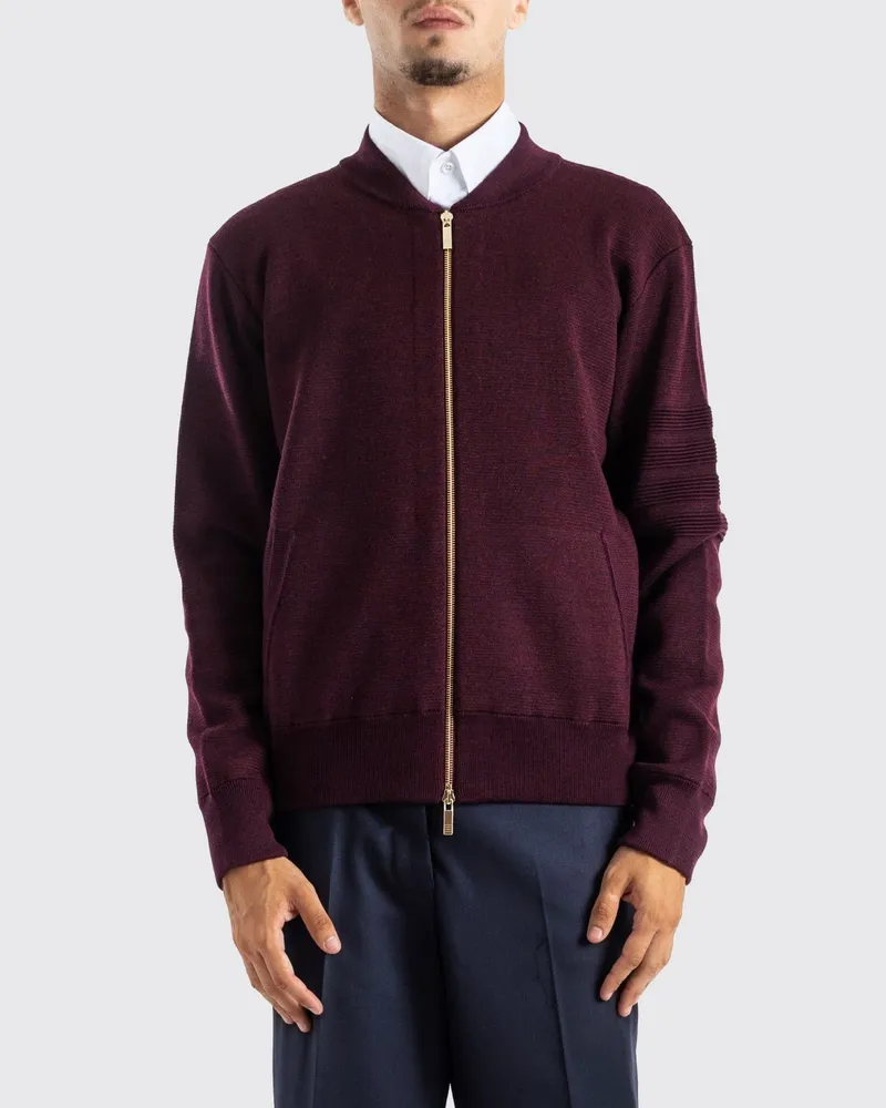 Thom Browne Wollstrick-Sweatshirtjacke mit Reißverschluss, Bomberkragen und Bar-Motiv Burgunderrot