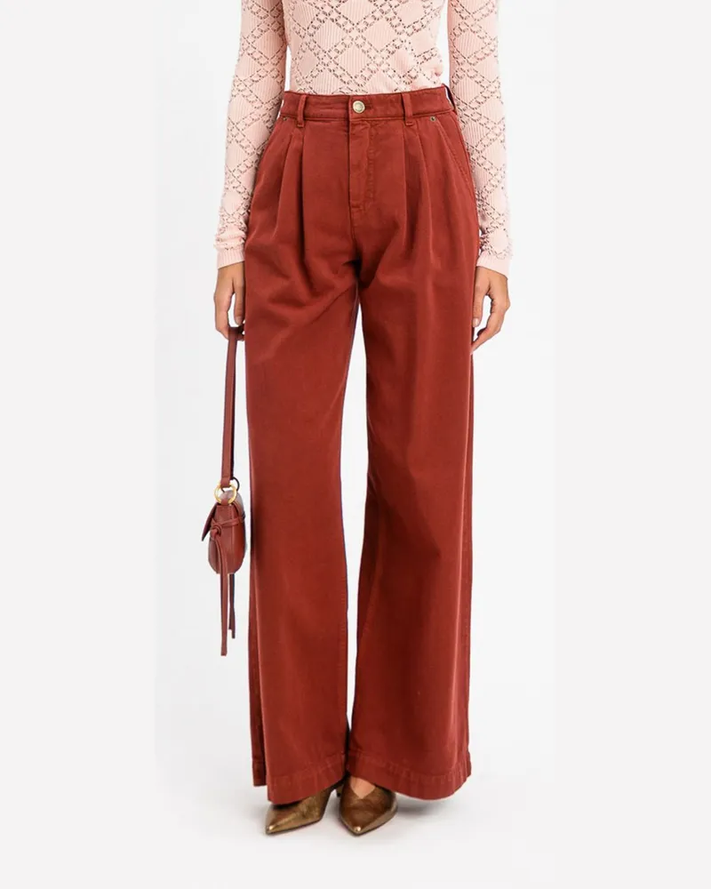 Twin-Set Baumwollhose mit weitem Bein mit Bundfalten und hoher Taille Cherry