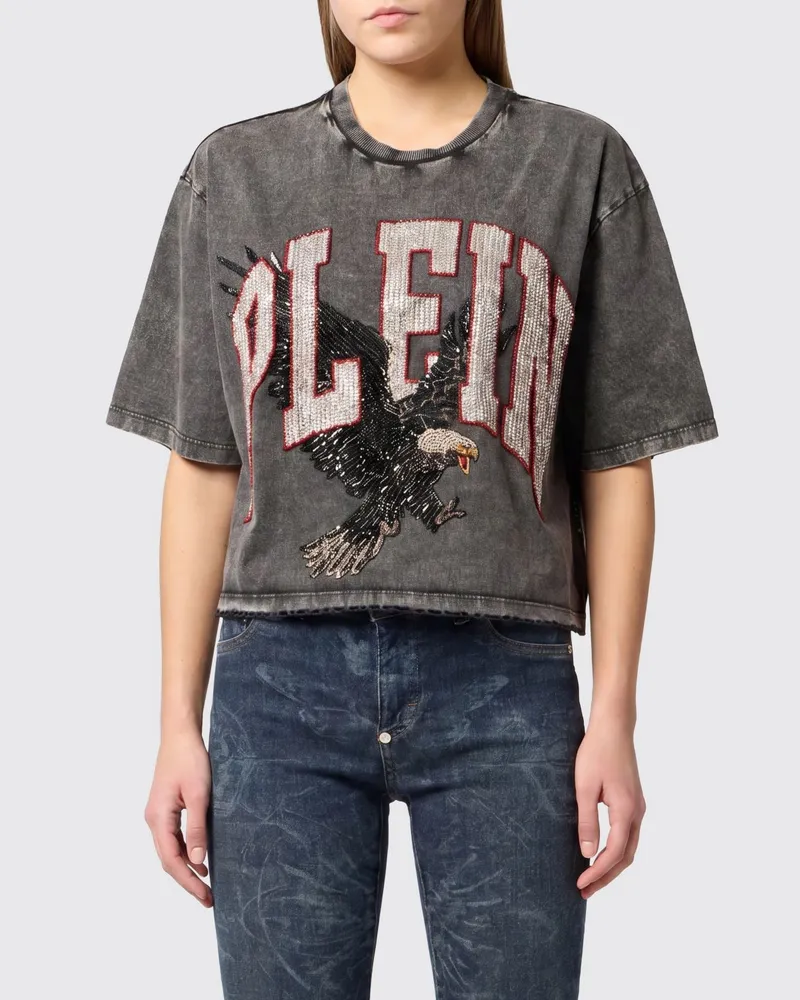 Philipp Plein Baumwoll-T-Shirt mit Rundhalsausschnitt, Grafikprint, Strass und Pailletten Schwarz